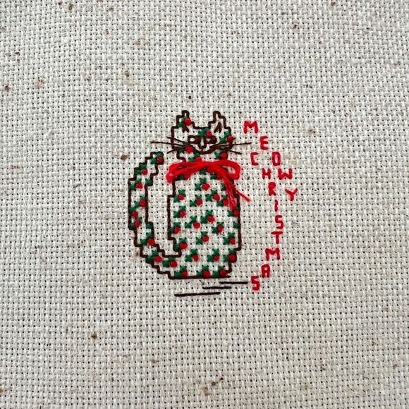 COMPLETED Cross Stitch MEOWY CHRISTMAS Cat 6x6 Christmas Wall Decor - Picture 3 of 8
